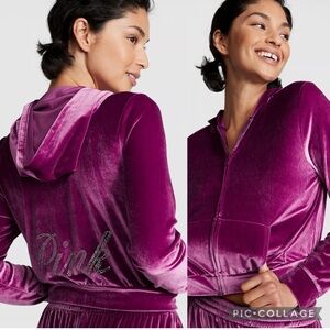 PINK VELOUR SHINE LOGO FULL-ZIP CROP HOODIE